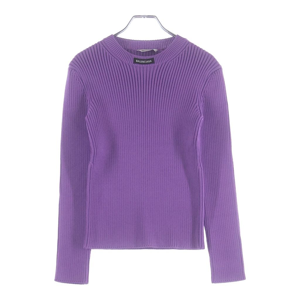 Balenciaga Logo Patch Crew Neck Rib Knit Sweater Purple
