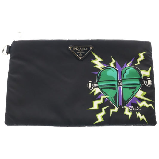 Prada Frankenstein Heart Nylon Bolt Clutch Pouch Black