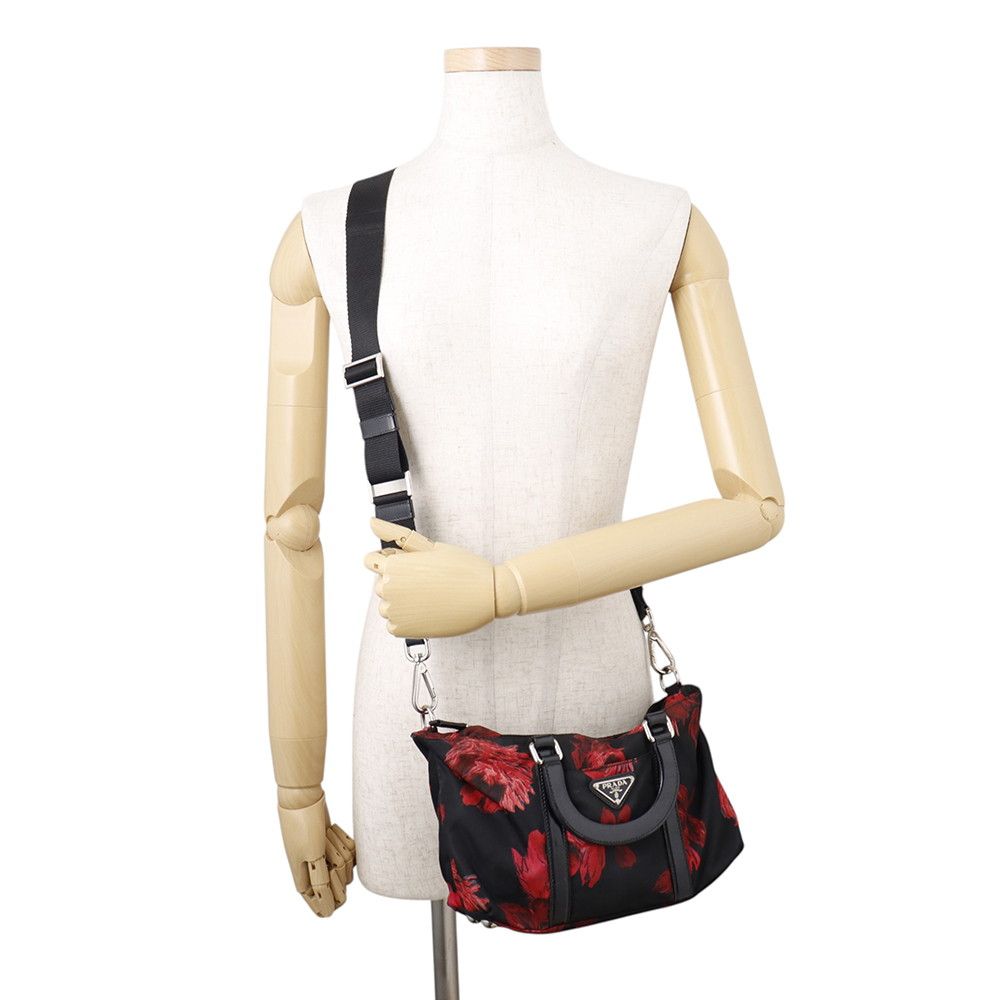 Prada Handbag Flower Motif Nylon 2-Way Shoulder Black — view 5