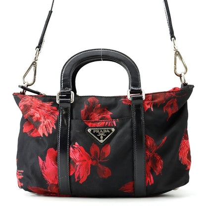 Prada Handbag Flower Motif Nylon 2-Way Shoulder Black