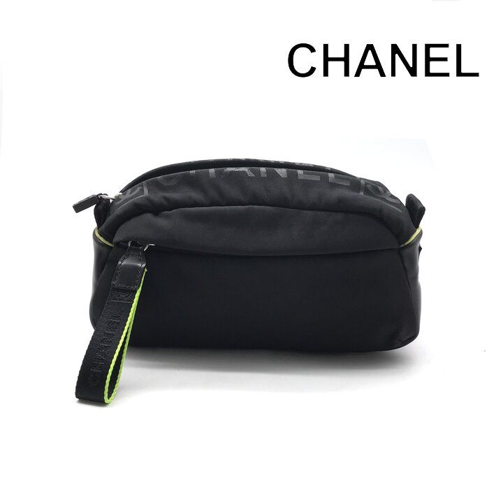 Chanel Sports Line Nylon Pouch Case Black Neon Light Green Clutch Second