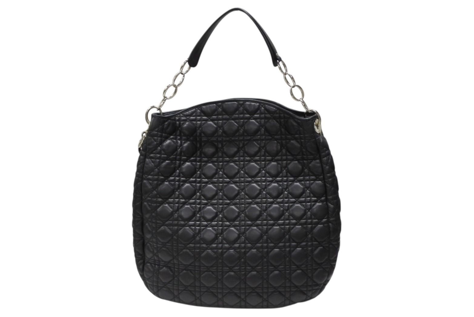 Dior Cannage Shoulder Bag Black Lambskin Silver
