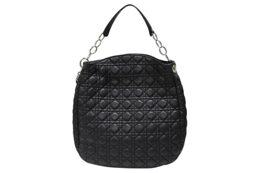 Dior Cannage Shoulder Bag Black Lambskin Silver