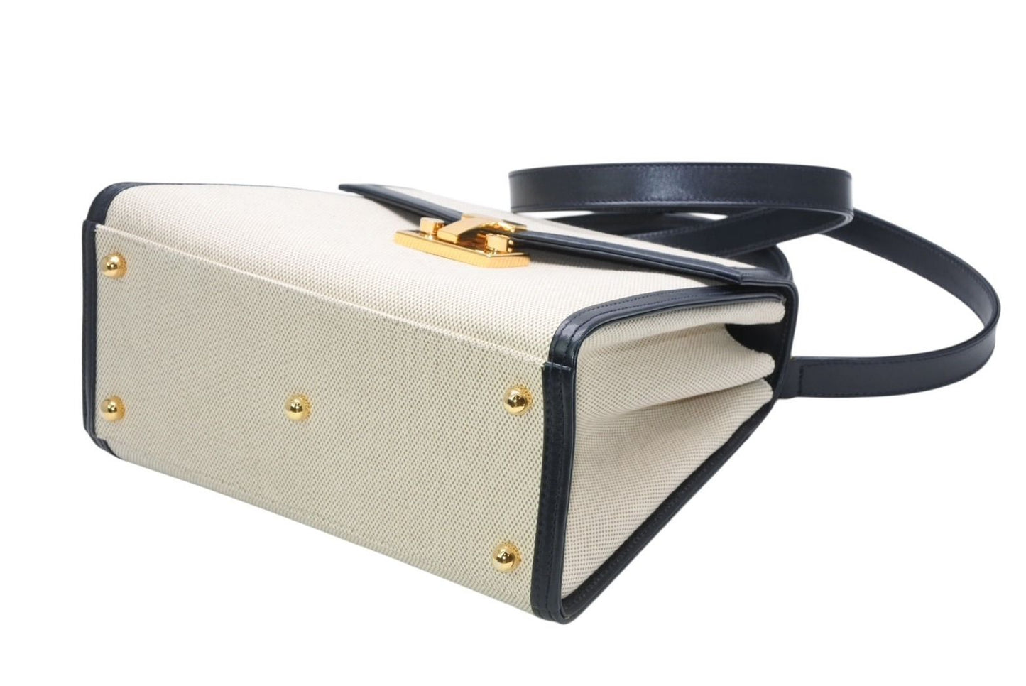 Tiffany & Co 2-Way Bag Canvas Leather Navy Beige Gold HardWear — view 8