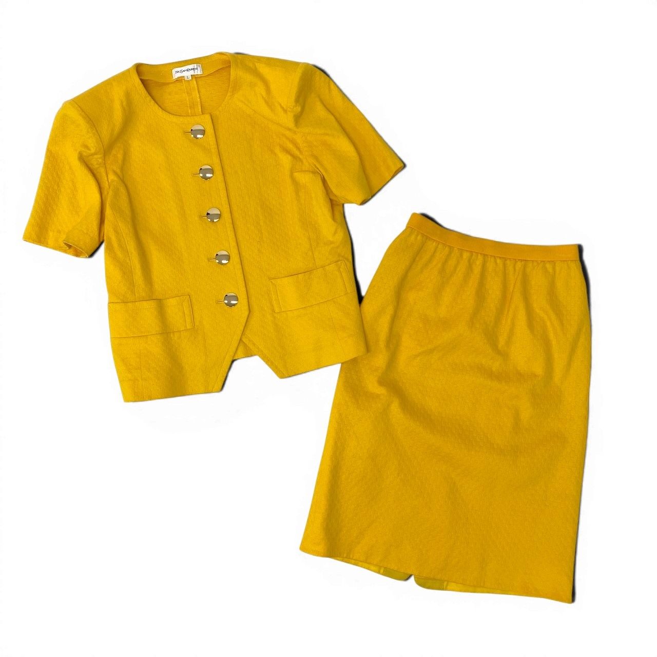 Saint Laurent Set Gold Button Short Sleeve Jacket Skirt L Yellow Cotton — view 2