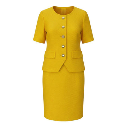 Saint Laurent Set Gold Button Short Sleeve Jacket Skirt L Yellow Cotton