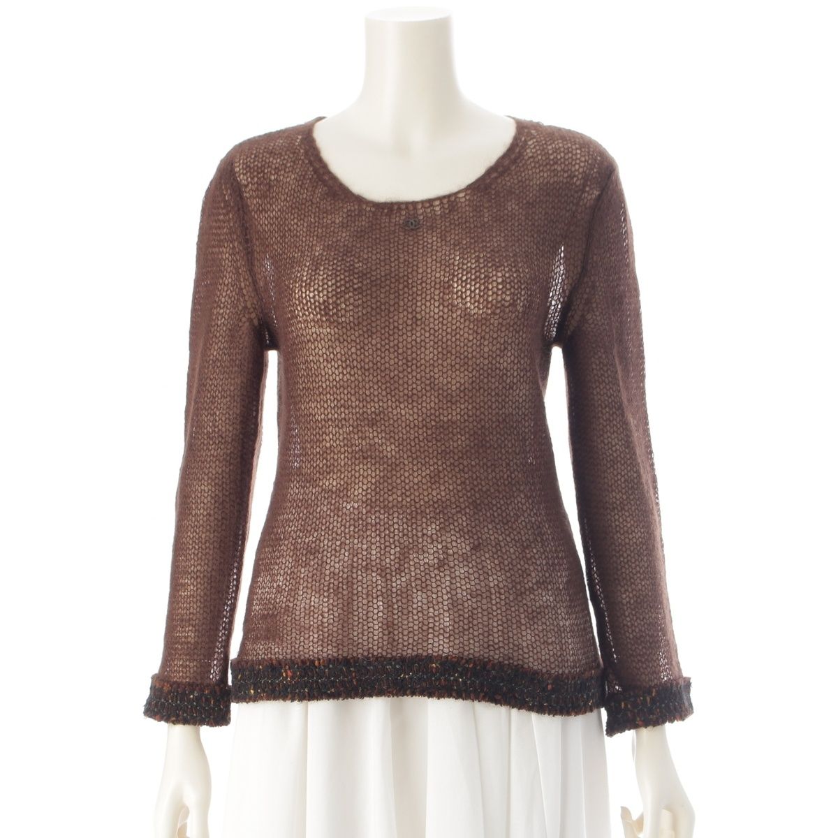 Chanel Mohair CC Logo Long Sleeve Sweater Knit Top Brown 36