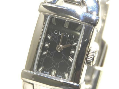 Gucci Bangle Watch Quartz Silver SS Black Dial GG Pattern