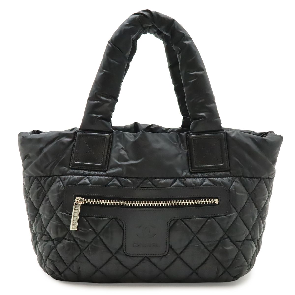 Chanel Coco Cocoon Small Tote Bag Quilted Nylon Leather Black Silver