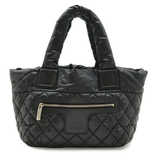 Chanel Coco Cocoon Small Tote Bag Quilted Nylon Leather Black Silver