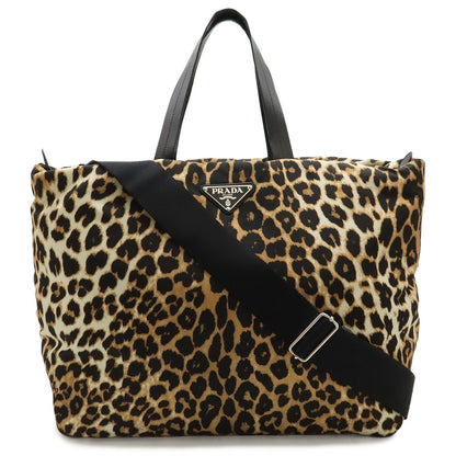 Prada Leopard Print Tote Big 2-Way Shoulder Bag Crossbody Nylon Leather Black