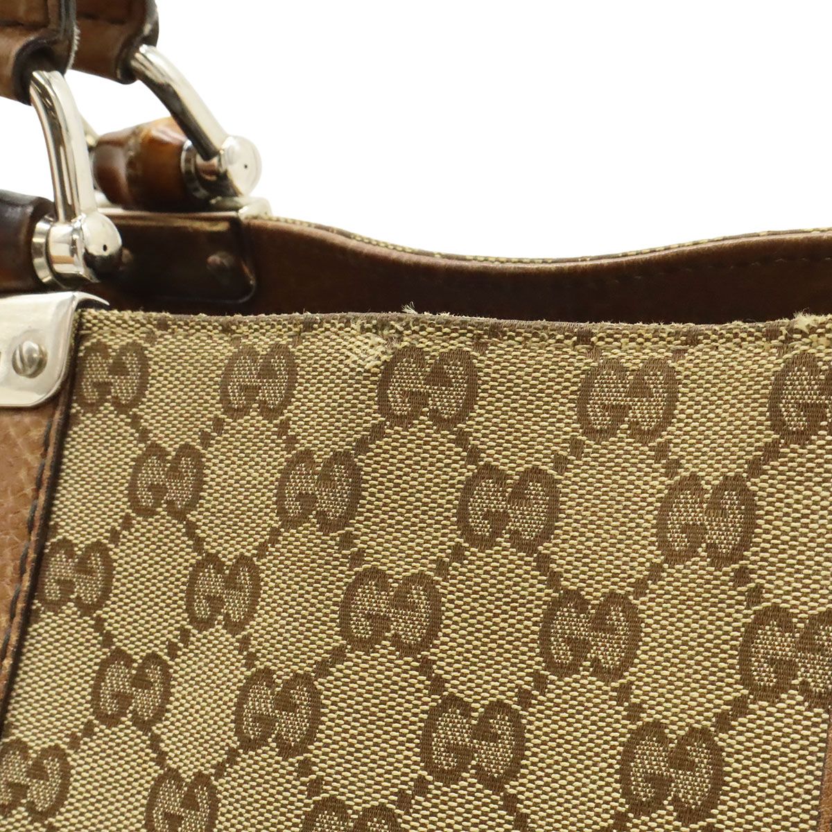 Gucci GG Canvas Bamboo Tote Shoulder Bag Braided Leather Beige Brown Silver — view 8