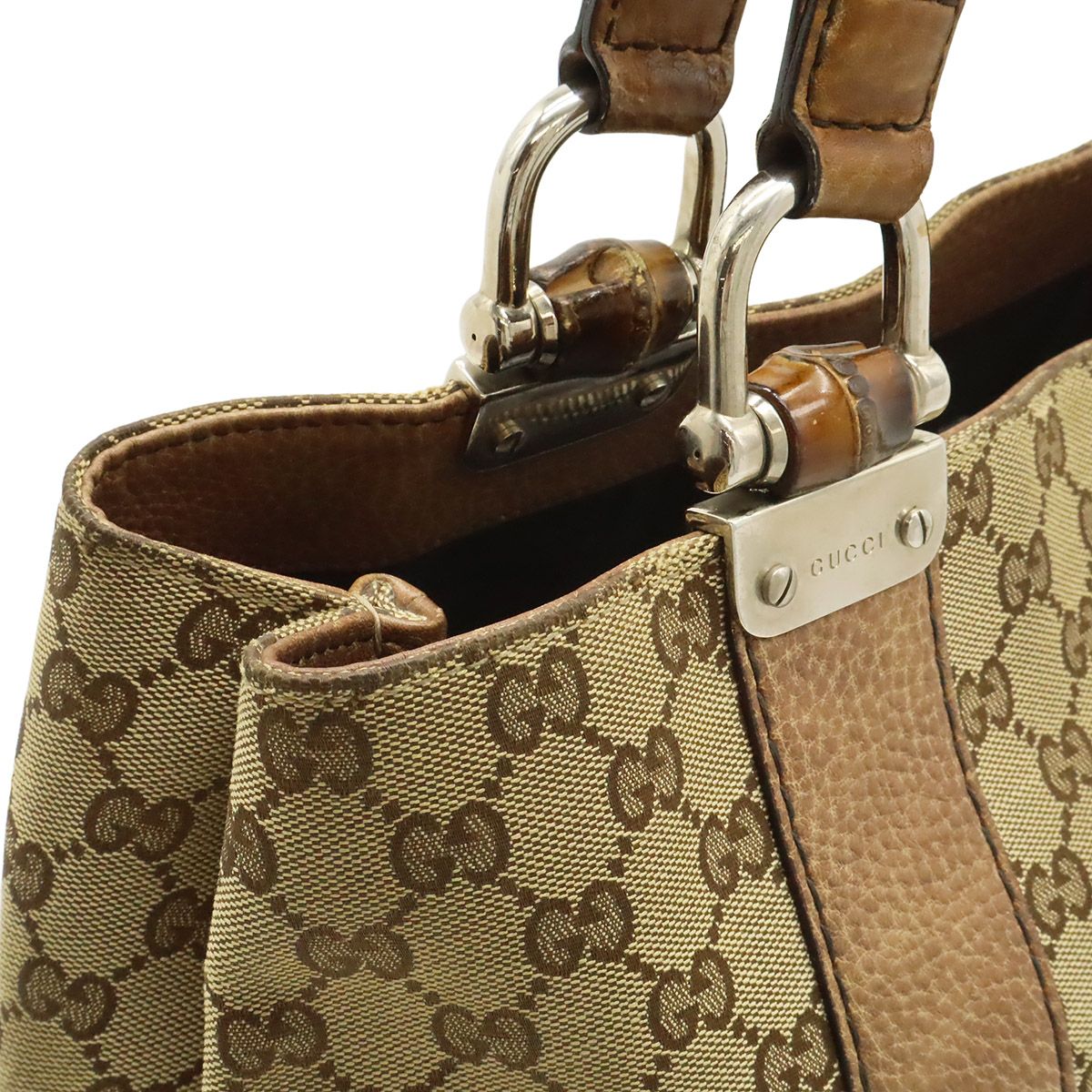 Gucci GG Canvas Bamboo Tote Shoulder Bag Braided Leather Beige Brown Silver — view 7