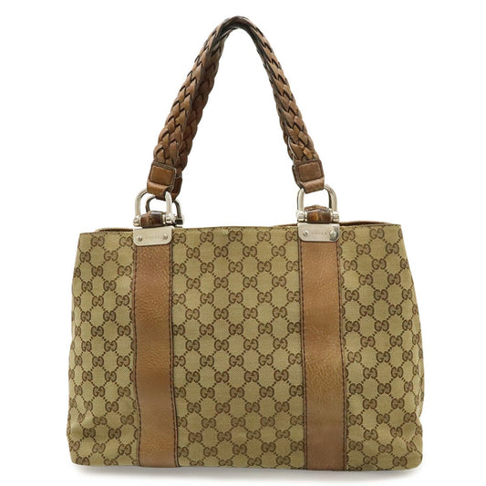 Gucci GG Canvas Bamboo Tote Shoulder Bag Braided Leather Beige Brown Silver