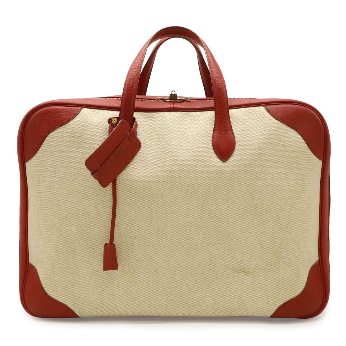 Hermes Victoria 50 Boston Bag Purse Toile H Taurillon Clemence Beige