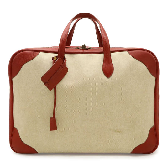Hermes Victoria 50 Boston Bag Purse Toile H Taurillon Clemence Beige