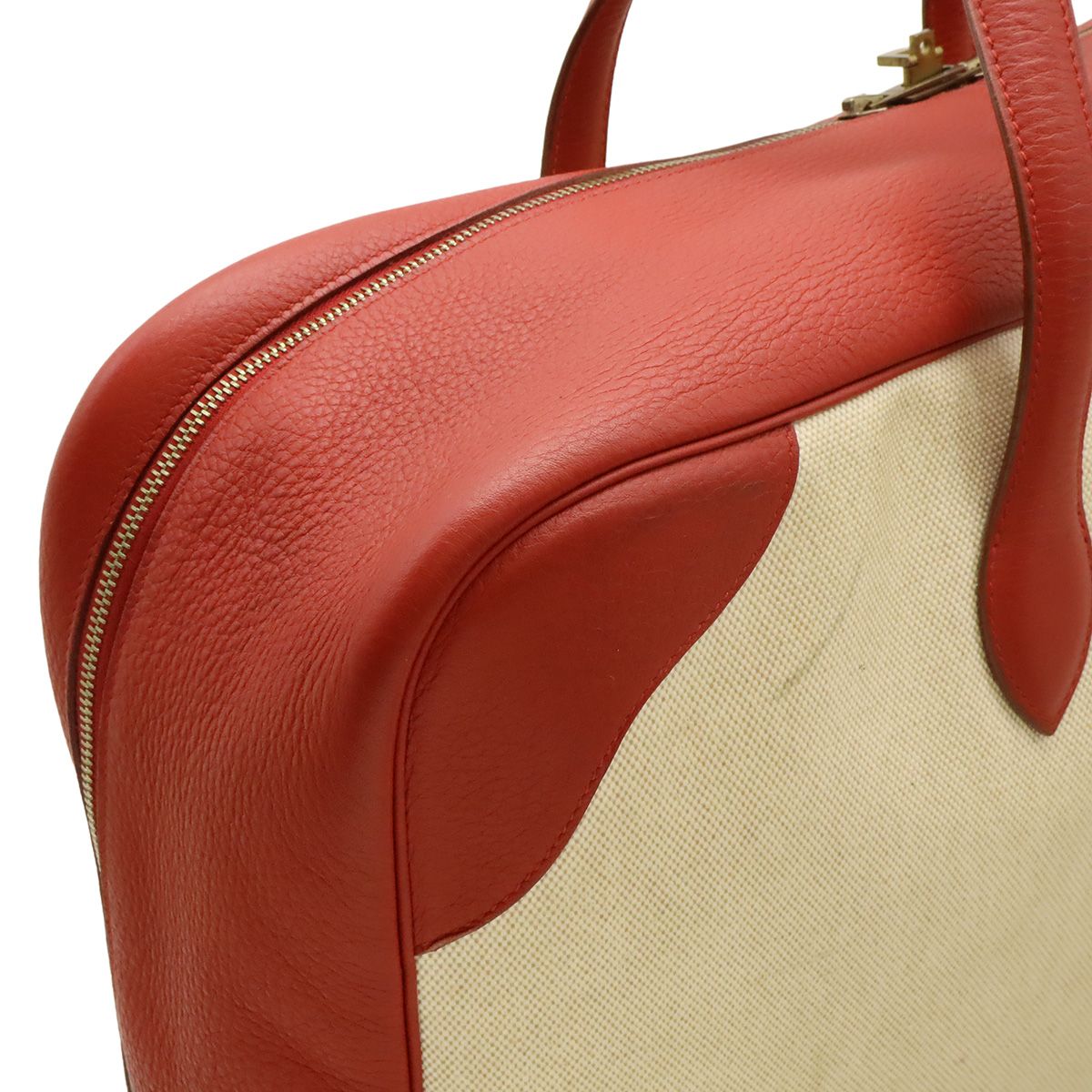 Hermes Victoria 50 Boston Bag Purse Toile H Taurillon Clemence Beige — view 7
