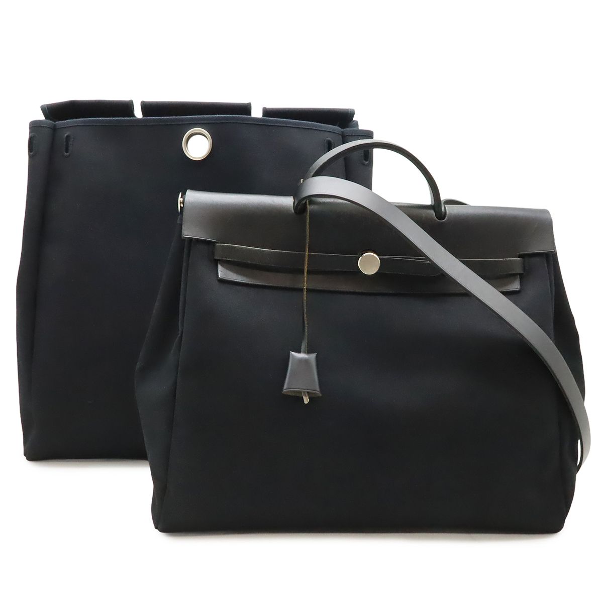 Hermes Herbag MM 2-Way Shoulder Bag Toile Officier Canvas Black