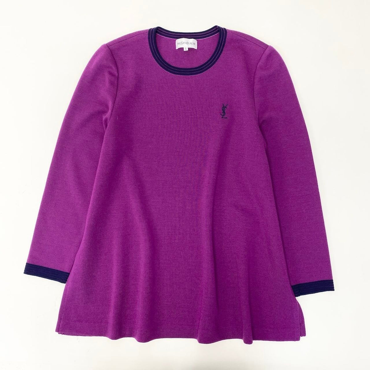 Saint Laurent YSL Logo Flare Knit Sweater Tunic Length Bicolor L Purple Navy — view 2