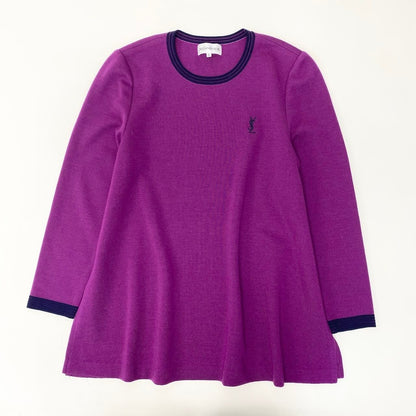 Saint Laurent YSL Logo Flare Knit Sweater Tunic Length Bicolor L Purple Navy — view 2