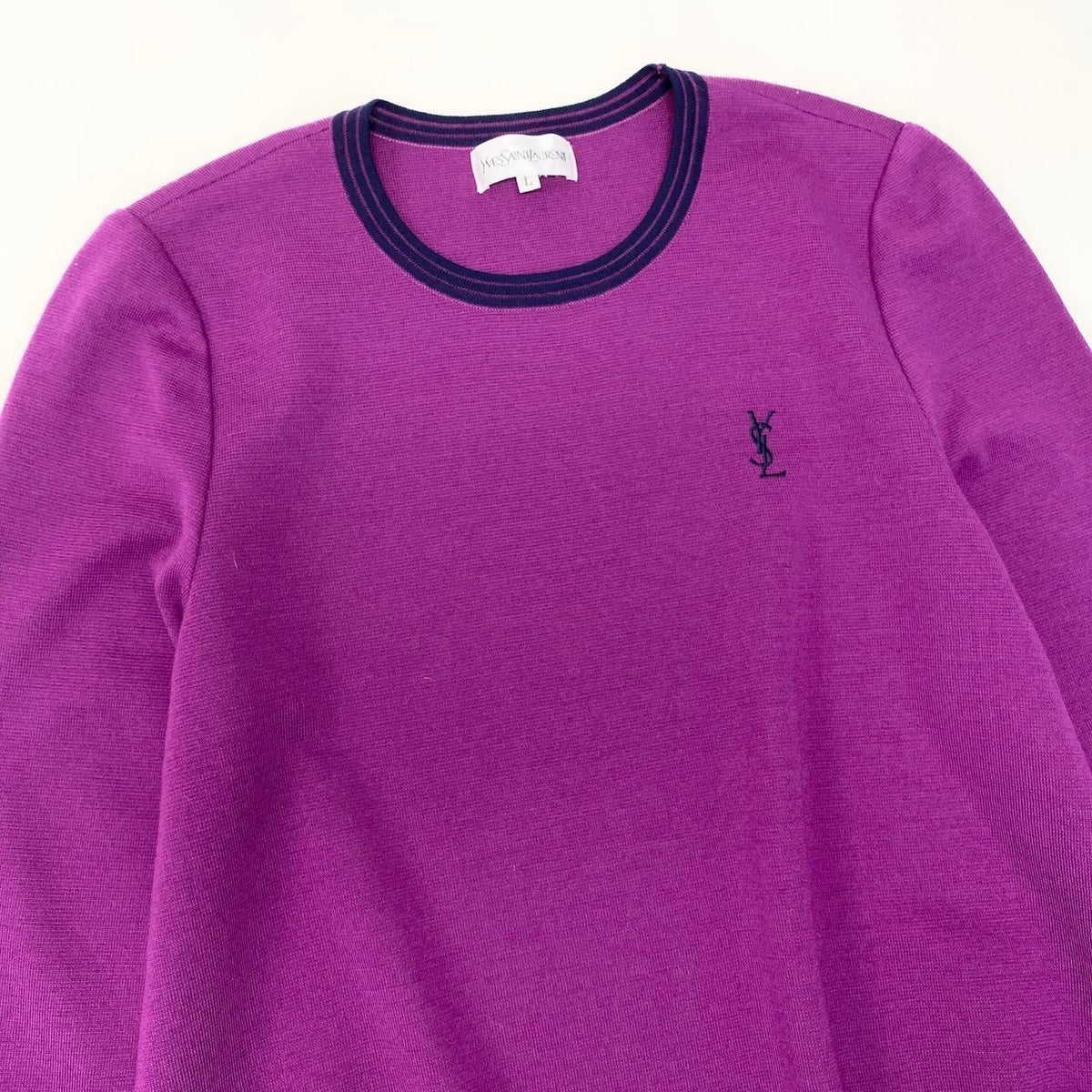Saint Laurent YSL Logo Flare Knit Sweater Tunic Length Bicolor L Purple Navy — view 4