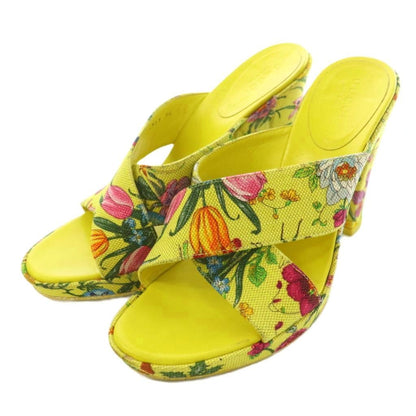 Gucci Sandals Canvas Chunky Heel Floral Yellow BB 36
