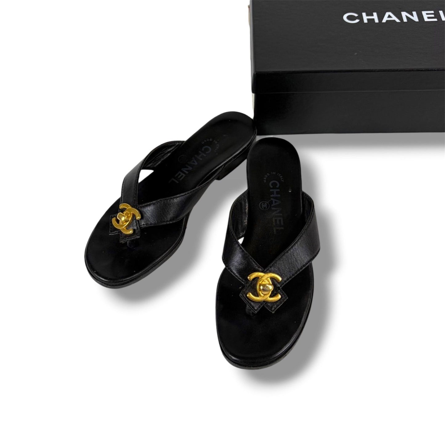 Chanel CC Logo Turnlock Flat Sandals Leather Black Gold 36