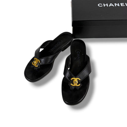Chanel CC Logo Turnlock Flat Sandals Leather Black Gold 36
