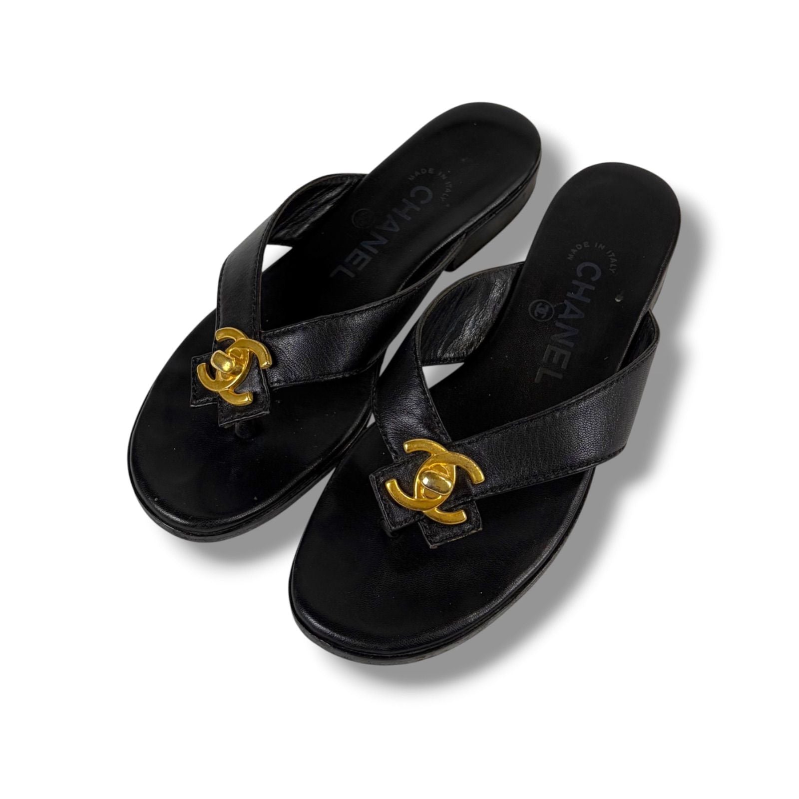 Chanel CC Logo Turnlock Flat Sandals Leather Black Gold 36 — view 2