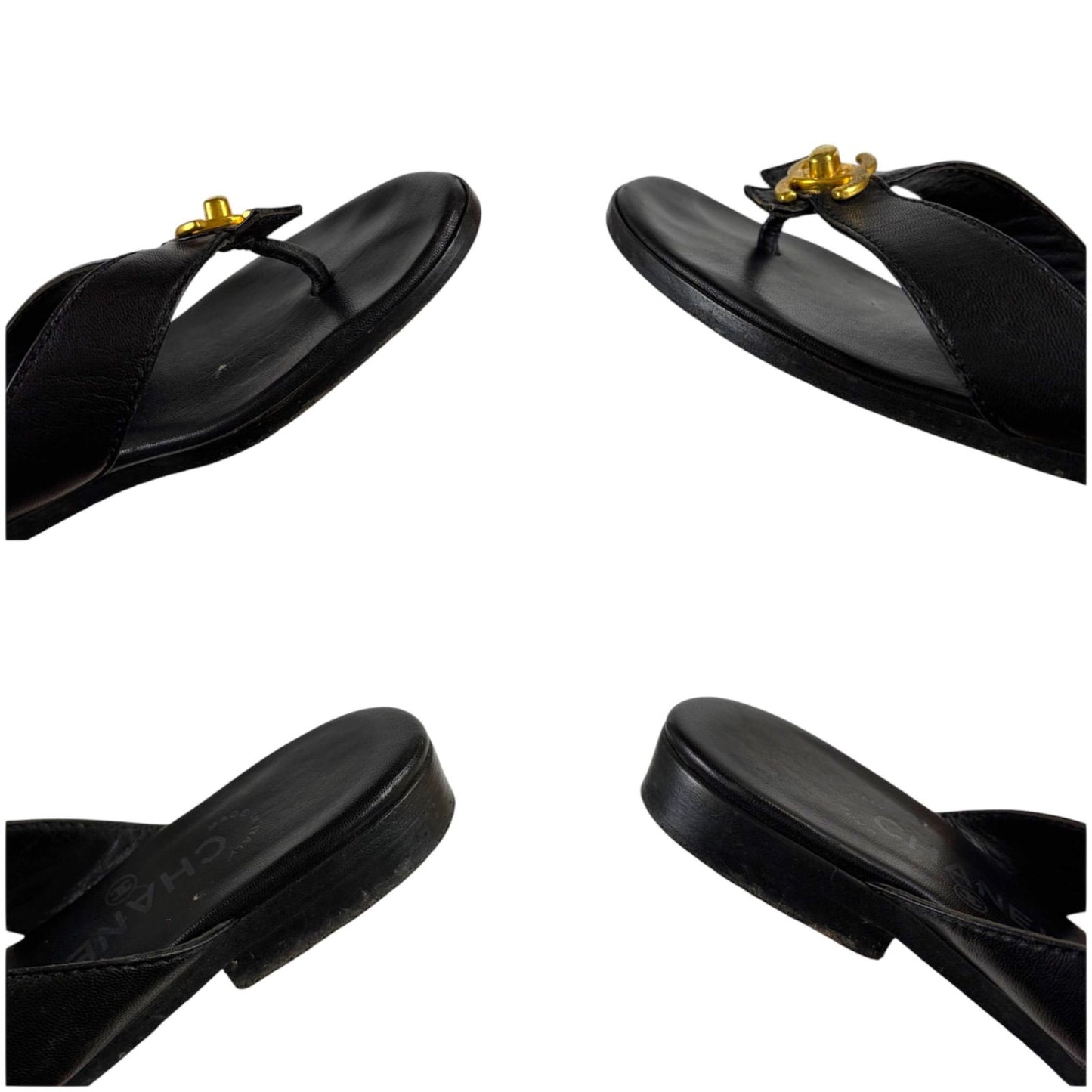 Chanel CC Logo Turnlock Flat Sandals Leather Black Gold 36 — view 6