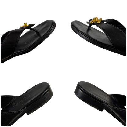 Chanel CC Logo Turnlock Flat Sandals Leather Black Gold 36 — view 6