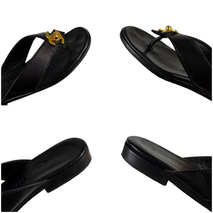 Chanel CC Logo Turnlock Flat Sandals Leather Black Gold 36 — view 5
