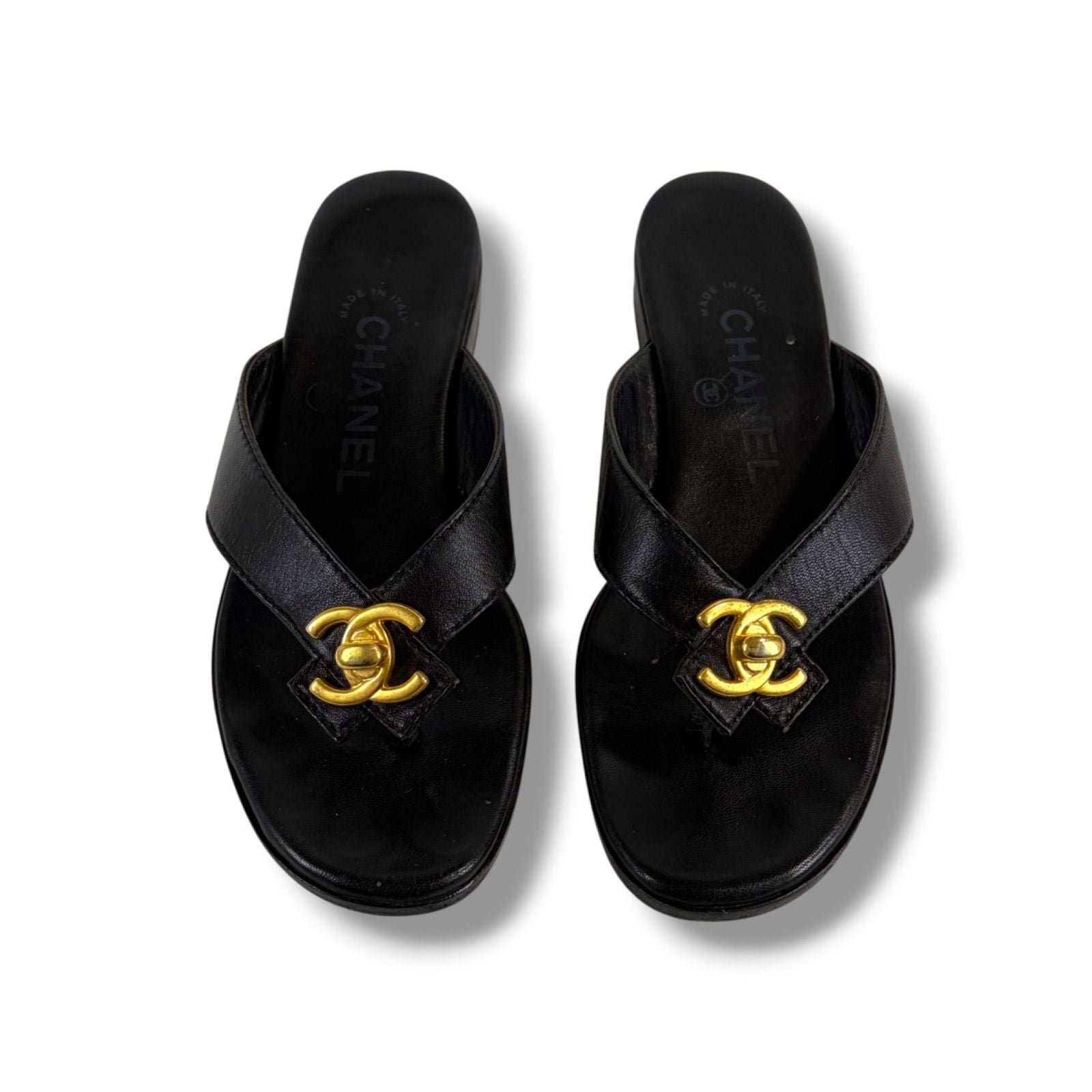 Chanel CC Logo Turnlock Flat Sandals Leather Black Gold 36 — view 3