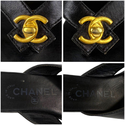 Chanel CC Logo Turnlock Flat Sandals Leather Black Gold 36 — view 8