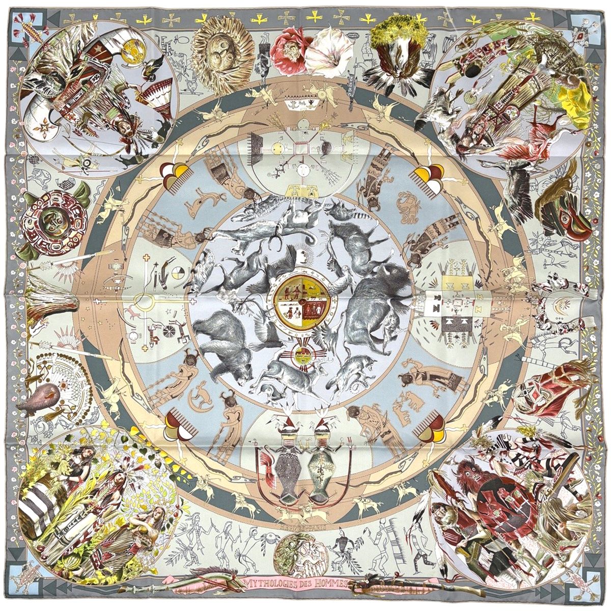 Hermes Carre 90 Les Mythologies Des Hommes Rouges Legend Of Brown Scarf Silk