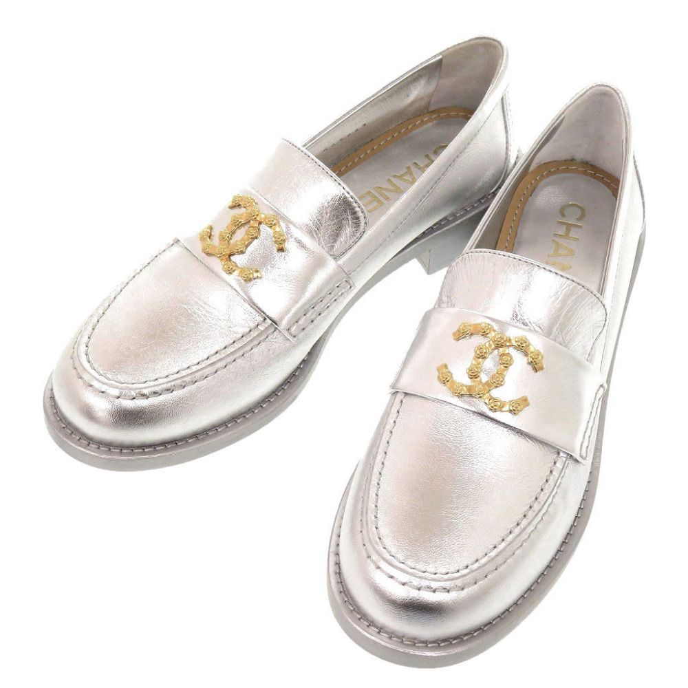Chanel CC Logo Camellia c Leather Silver Loafers 37