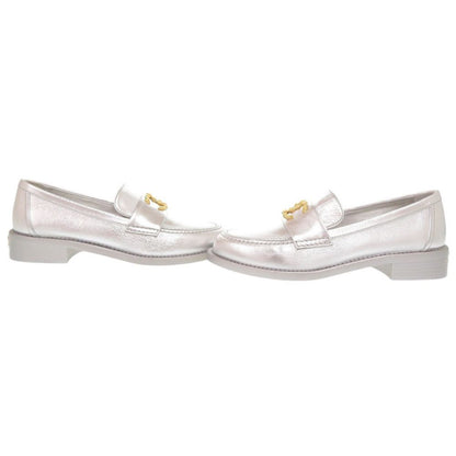 Chanel CC Logo Camellia c Leather Silver Loafers 37 — view 6