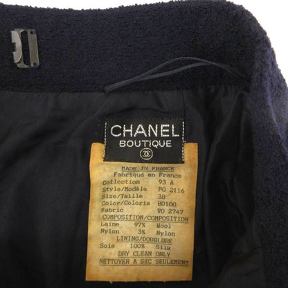 Chanel Boutique Vintage Tweed Tight Skirt Long Calfskin CC Logo Button 38 Navy — view 5