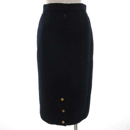 Chanel Boutique Vintage Tweed Tight Skirt Long Calfskin CC Logo Button 38 Navy — view 2