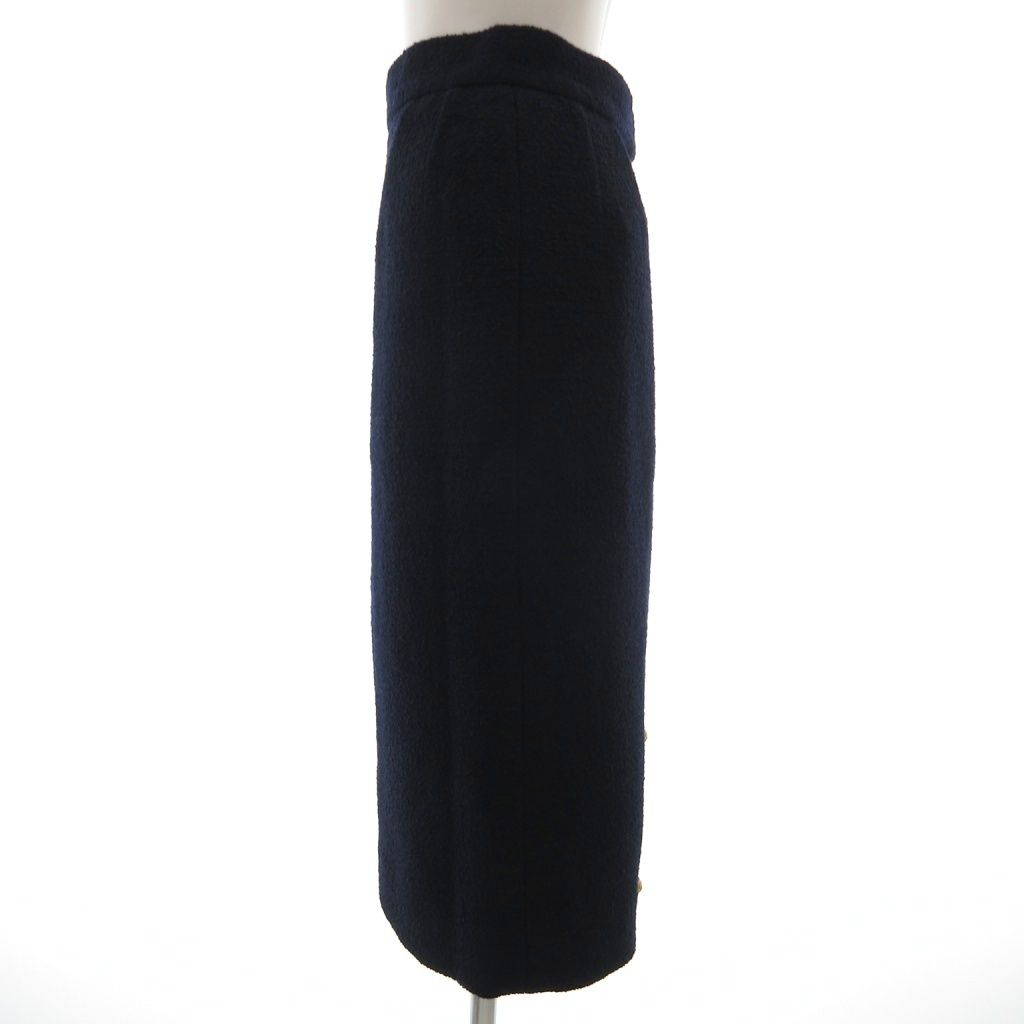 Chanel Boutique Vintage Tweed Tight Skirt Long Calfskin CC Logo Button 38 Navy — view 3