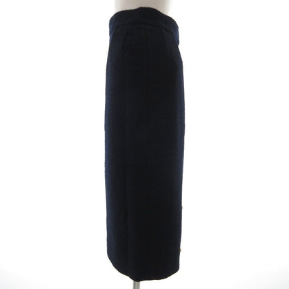 Chanel Boutique Vintage Tweed Tight Skirt Long Calfskin CC Logo Button 38 Navy — view 3