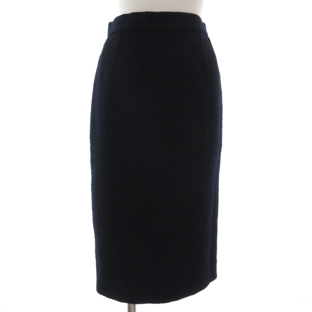 Chanel Boutique Vintage Tweed Tight Skirt Long Calfskin CC Logo Button 38 Navy