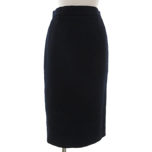 Chanel Boutique Vintage Tweed Tight Skirt Long Calfskin CC Logo Button 38 Navy
