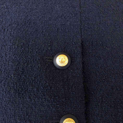 Chanel Boutique Vintage Tweed Tight Skirt Long Calfskin CC Logo Button 38 Navy — view 6
