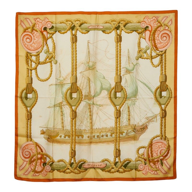 Hermes Carre 90 Tribord Scarf Beige White Silk