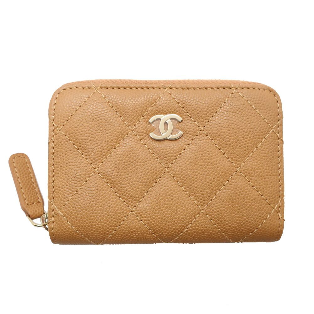 Chanel Ten Classic Zip Coin Purse Beige Gold Caviar Leather Case