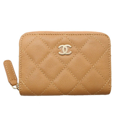 Chanel Ten Classic Zip Coin Purse Beige Gold Caviar Leather Case