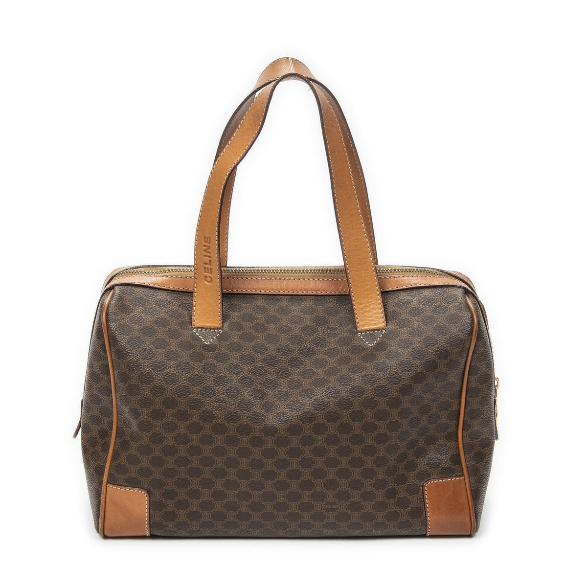 Celine Vintage Small Boston Brown Tan Macadam Canvas Shoulder Bag