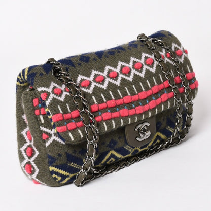 Chanel Shoulder Bag CC Logo Nordic Pattern Chain Silver Green — view 3