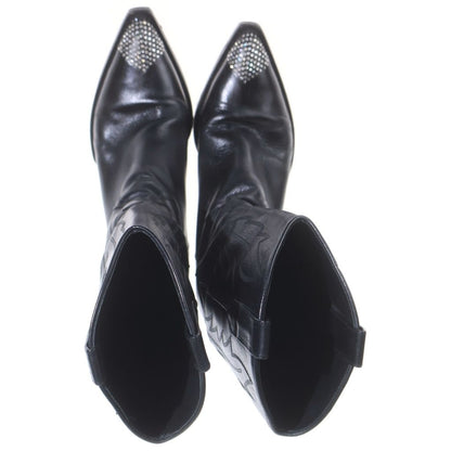 Celine Moon High Rhinestone Decoration Leather Cut Western Boots Black — view 4